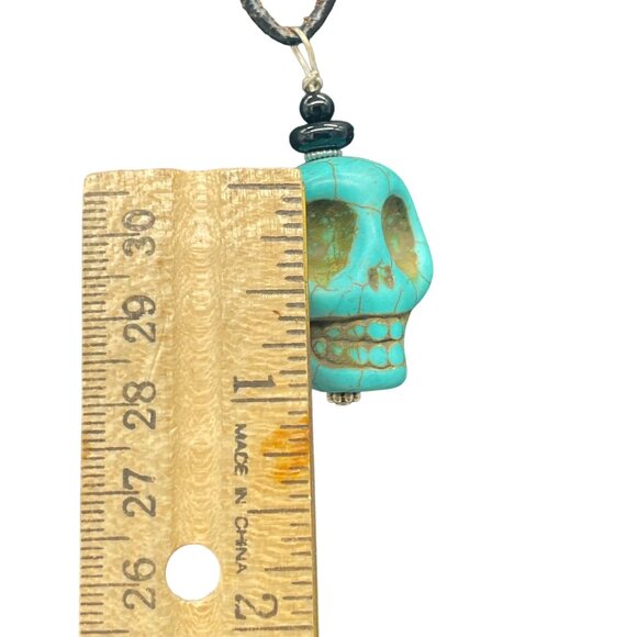 Blue Stone Skull Pendant Black Cord Necklace Halloween Biker Skeleton - Picture 6 of 7